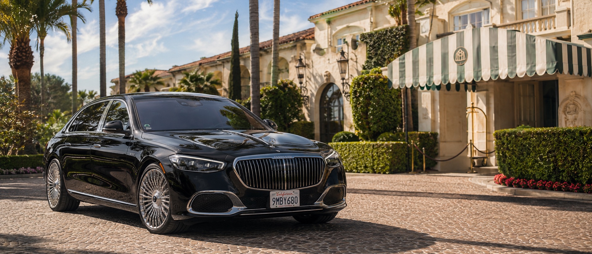 Black Mercedes-Maybach S-Class luxury chauffeur sedan parked under palm trees at the historic Beverly Hills Hotel entrance, premier Los Angeles black car service